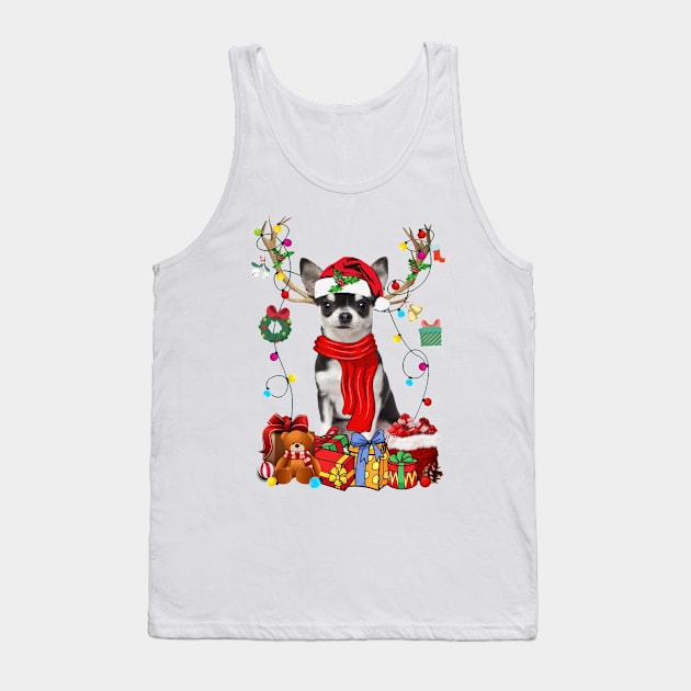 Black Chihuahua Reindeer Santa Christmas Color Lights Tank Top by sueannharley12